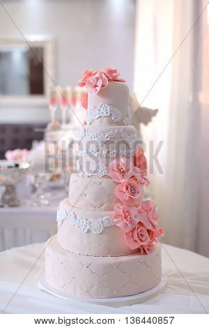 beautiful wedding cake. beautiful multi cake close up.