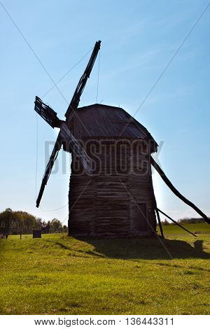 Landcape with old windmill in the village Pirogovo, Ukraine. Eastern Europe.