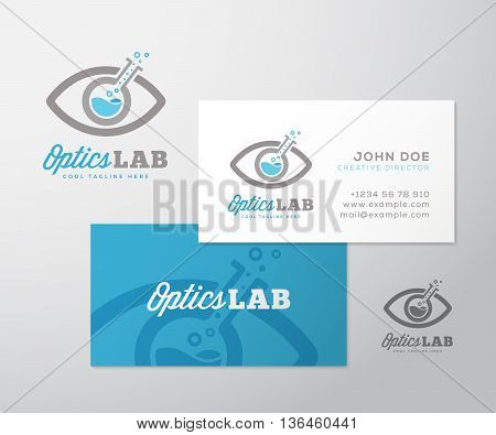 Optics Lab Abstract Vector Logo Template and Business Card Layout. Scientific Flask Incorporated into Eye Symbol. Ready Made Stationary Design. Isolated.