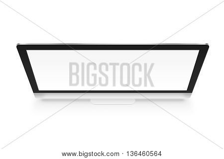 Computer display mock up from above isolated 3d illustration. Workspace with pc mockup top. Blank screen for internet web site project presentation.