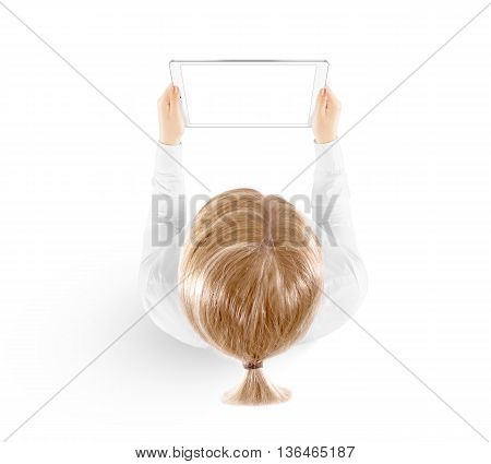 Woman hold tablet pc mockup in hand, top view isolated. White mobile ebook mock up holding in female hands from above. Blank white ipad tablet screen monitor. Clear horizontal display booklet person.