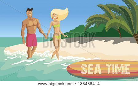 illustration of guy and the girl walking along the beach. summer vacation on the beach. the sea and the beach