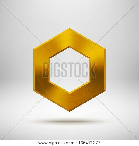 Gold abstract polygon, hex badge, technology blank button template with metal texture, chrome, silver, steel and realistic shadow for logo, design concepts, apps, web and prints. Vector illustration.