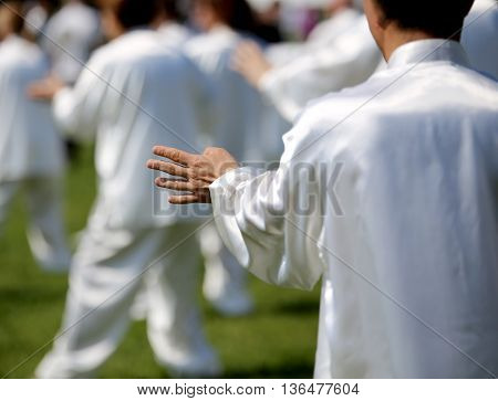 Fans Of Martial Arts Tai Chi With White Silk Dress During The Co