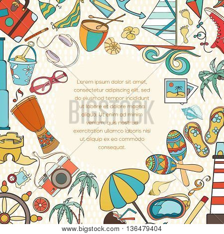 Summer hand drawn vector card can be used as invitation card for corporate, birthday and other holiday background. Summer bright card. Travel colorful tropical holliday design. Summer vacation concept