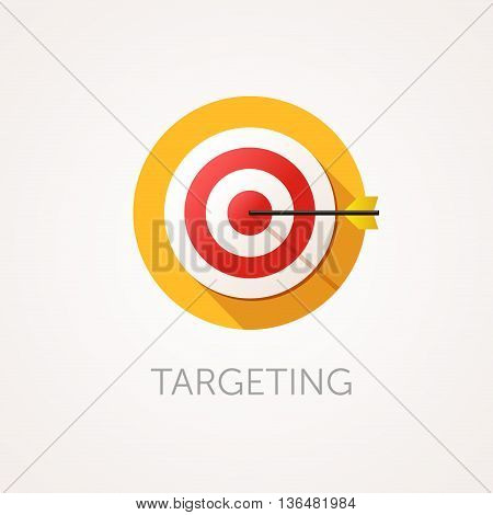 Targeting Icon. Flat design style with long shadow. Business aim target or goal icon. Round target with arrow. App icon