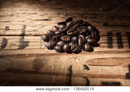Roasted coffee beans and brown rustic texture
