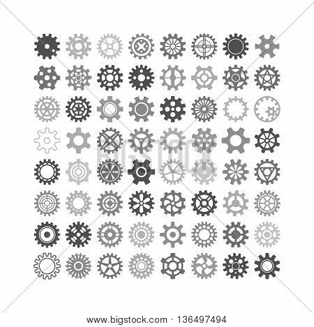 Vector black gears icons set machine wheel mechanism machinery mechanical, technology technical sign. Engineering symbol, round element gears icons. Gears icons work concept, industrial design.