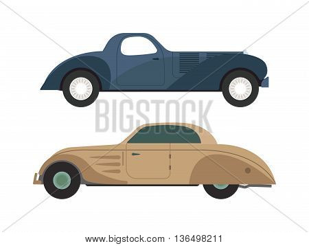Retro cars icons vintage vector. Classic transportation auto vehicle retro car. Retro car nostalgia automobile old design. Graphic emblem race engine machine shop antique wheels set.