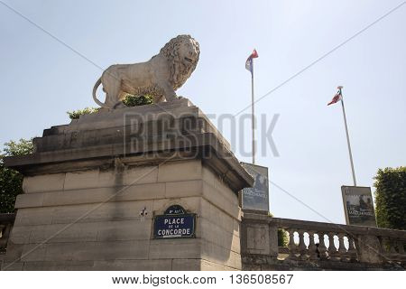 PARIS, FRANCE - JUNE 8, 2013:Sculpture of a lion on the Place de la Concorde in Paris