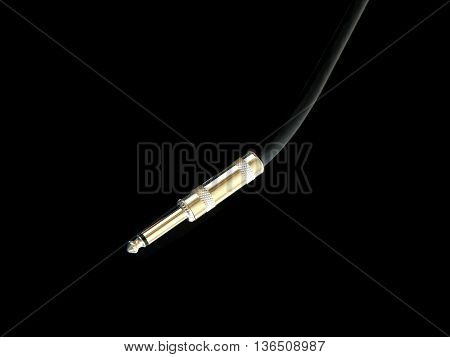 Metal golden jack connector on black audio instrumental cable isolated on white background close-up view from right to left