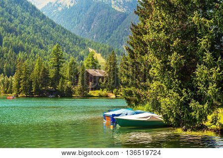Beautiful lake in swiss Alps, Champed-Lac, Valais, Switzerland