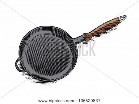 Drawing of isolated iron black frying pan on the white