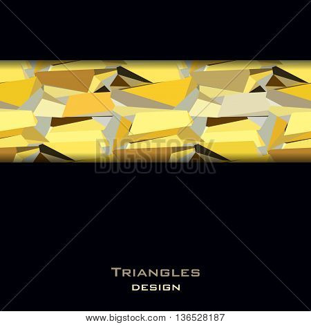Golden crystal geometric abstract triangles border design on black background. Golden abstract geometric background. Horizontal gold border geometric design. Golden vector illustration stock vector.