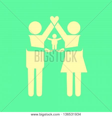 Parents icon standing together with kid on their arms. Parents arms forming house with heart on the top.