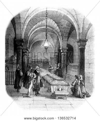 Crypt of the cathedral of Krakow, Tomb of Sobieski, vintage engraved illustration. Magasin Pittoresque 1861.