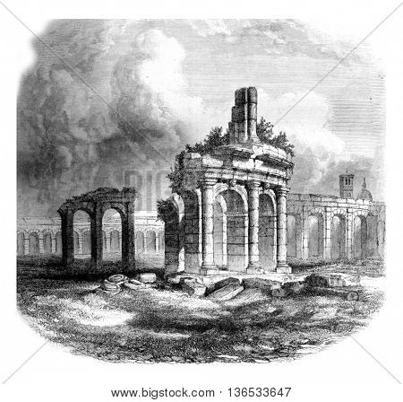 Ruins of the Amphitheatre of Capua, vintage engraved illustration. Magasin Pittoresque 1861.