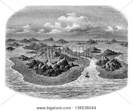 Rocks of the Chausey archipelago, vintage engraved illustration. Magasin Pittoresque 1861.