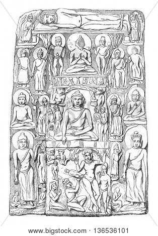 Bas relief Museum of Calcutta, Episodes from the life of Shakyamuni, vintage engraved illustration. Magasin Pittoresque 1861.
