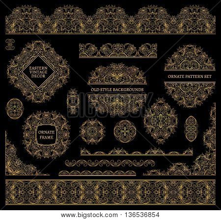 Set of line art frames and borders for design template. Vector. Golden on black. Element in Eastern style. Outline floral frames. Mono line decor for invitations, greeting cards, thank you message.