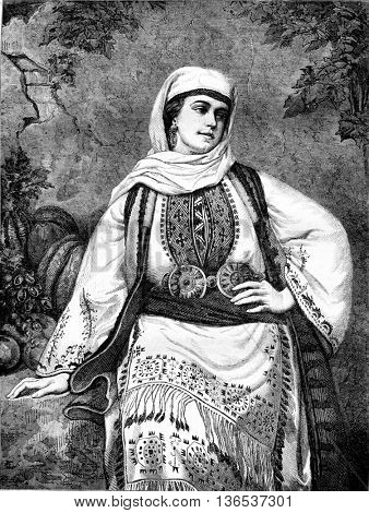 1861 Exhibition of Painting, Woman of Eleusis, Ms Henriette Browne, vintage engraved illustration. Magasin Pittoresque 1861.
