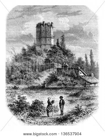 Tower of Buffon, Montbard, vintage engraved illustration. Magasin Pittoresque 1861.