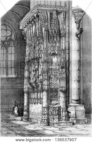 Salazar of the monument remains a pillar of the cathedral of Sens, vintage engraved illustration. Magasin Pittoresque 1861.