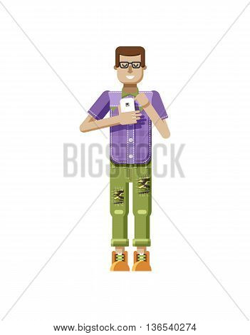 Stock vector illustration isolated of European man in purple checkered shirt, pants, patches, in glasses, man with smartphone in hand, man looking into screen of phone, flat style on white background
