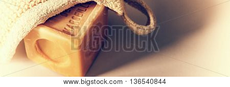 Natural organic soap and bath sponge. Copyspace