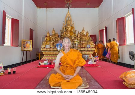 Huahin-thailand-30Apr ,2016 : Newly Ordained Buddhist Monk Pray With Priest Procession. Newly Ordain
