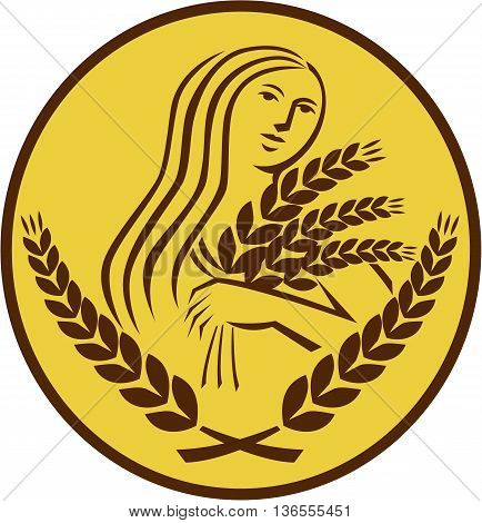 Illustration showing Demeter Greek goddess of the harvest and agriculture who presided over grains and fertility holding wheat grain viewed from front set inside oval shape on isolated background done in retro style.