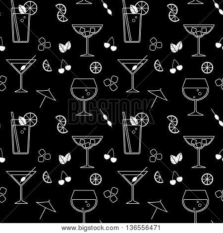 Black seamless background with cocktails and ingredients