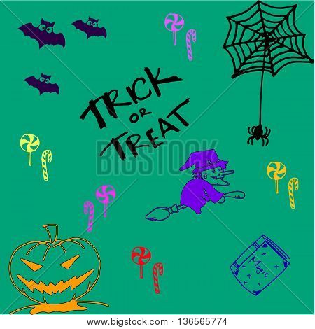 Halloween doodle set witch pumpkins and candy illustration