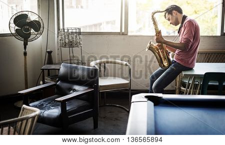 Jazzman Musical Artist Playing Saxophone Concept