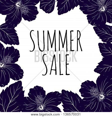 floral frame. summer sale. hibiscus. dark blue flowers on white background