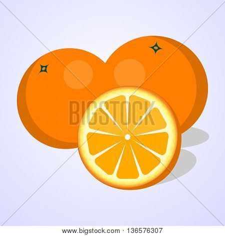 Whole and half cut Flat Orange with shadows on blue background. Vector illustration