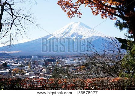 Mountain Fuji with fall colors in Japan.