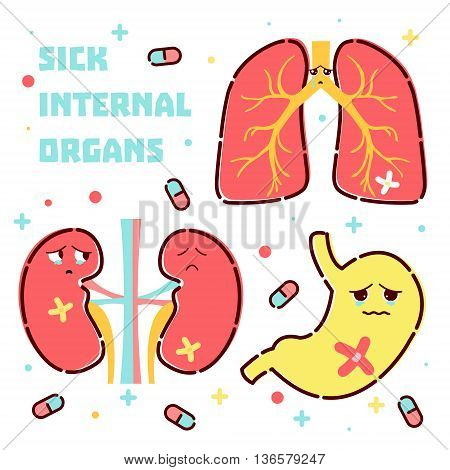 Cute sick internal organs icon set made in cartoon style. Lungs kidneys stomach cartoon characters. Human body organs anatomy icon. Medical concept. Vector illustration.