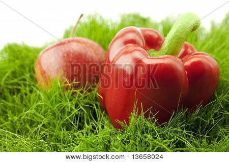 Rote Paprika auf grünem Gras liegend