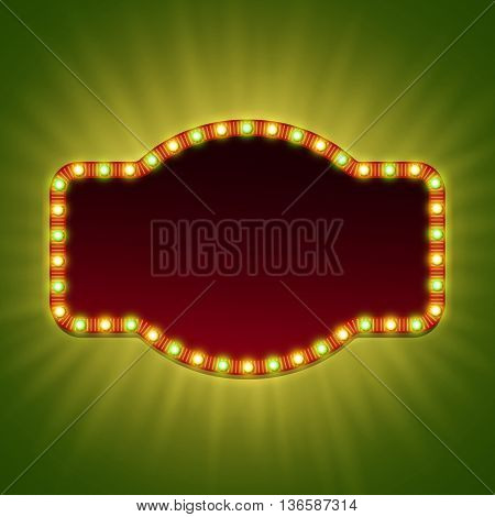 Blank 3d retro light banner with shining bulbs. Red frame with red and green lights and blank space for your advertising text. Vector illustration.