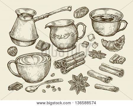 Food, tea, coffee. Hand-drawn cup, cinnamon, anise, creamer, teaspoon croissant sugar beans chocolate candy turk Sketch vector illustration