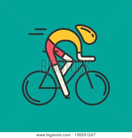 Modern Illustration of cyclist. Flat bicyclist in yellow jersey isolated on green background. Healthy lifsetyle or bicycle race logo concept. Bicycle racer made in trendy thin line style vector.