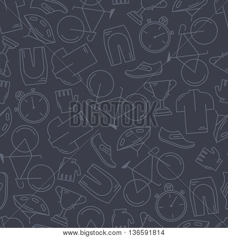 Decorative seamless pattern with cycling attributes. For wallpaper or wrapping. Healthy lifestyle or bicycle race concept. Endless trendy background with elements made in modern thin line style vector