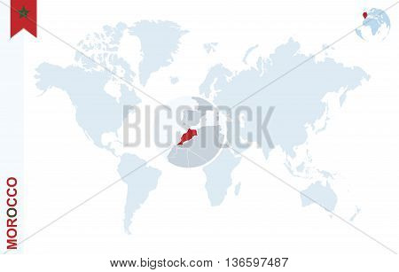 Blue World Map With Magnifying On Morocco.