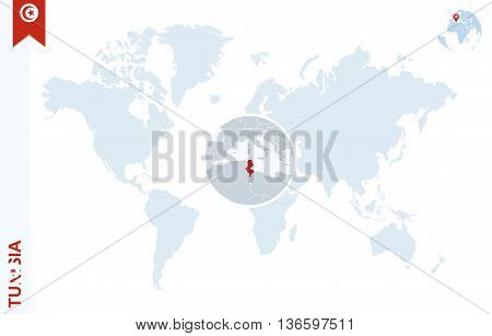 Blue World Map With Magnifying On Tunisia.