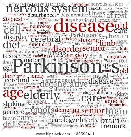 Concept conceptual Parkinson`s disease healthcare or nervous system disorder abstract square word cloud isolated on background