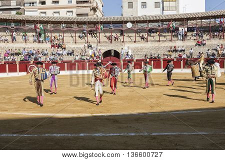 Ubeda SPAIN - october 1 2011: Spanish bullfighters at the paseillo or initial parade in Ubeda Jaen province Spain
