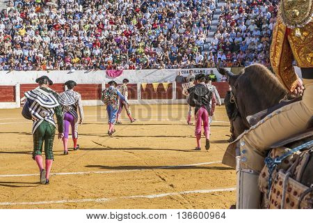 Andujar SPAIN - September 12 2008: Spanish bullfighters at the paseillo or initial parade in Villacarrillo Jaen province Spain