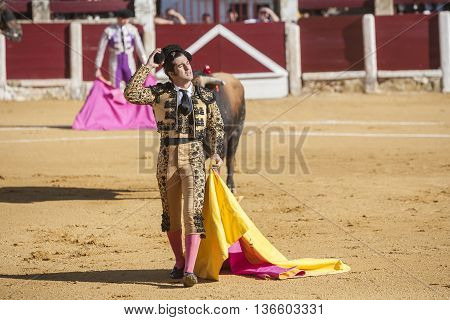 Ubeda Spain - September 29 2010: The Spanish Bullfighter Morante de la Puebla bullfighting with the crutch in the Bullring of Ubeda Spain