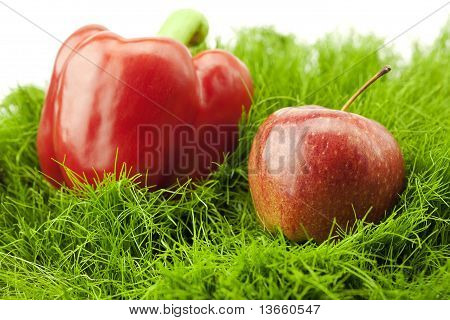 Rote Paprika auf grünem Gras liegend